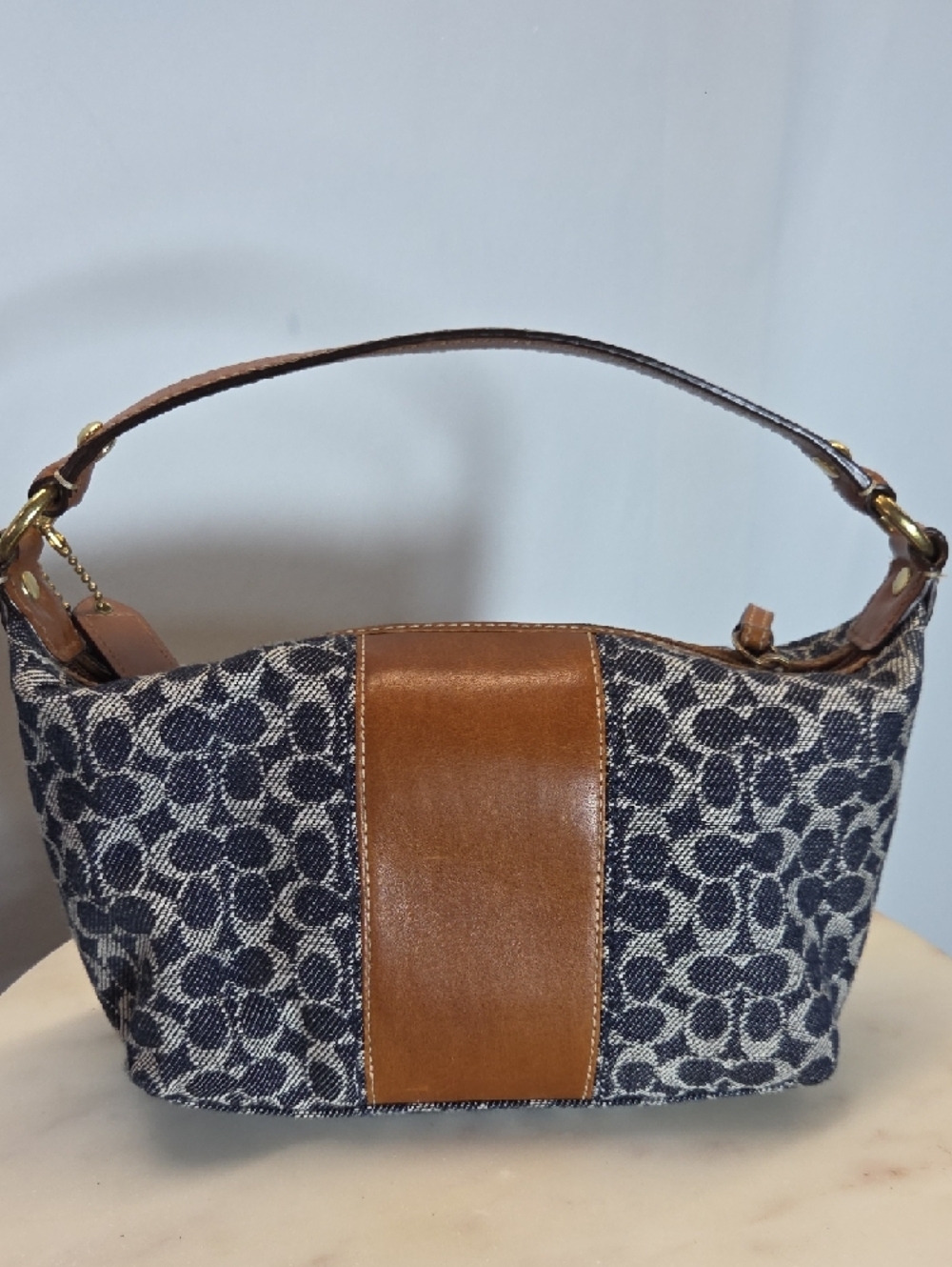 Coach Blue Denim Signature Canvas Mini Bag with Brown Leather Trim - Picture 2 of 7